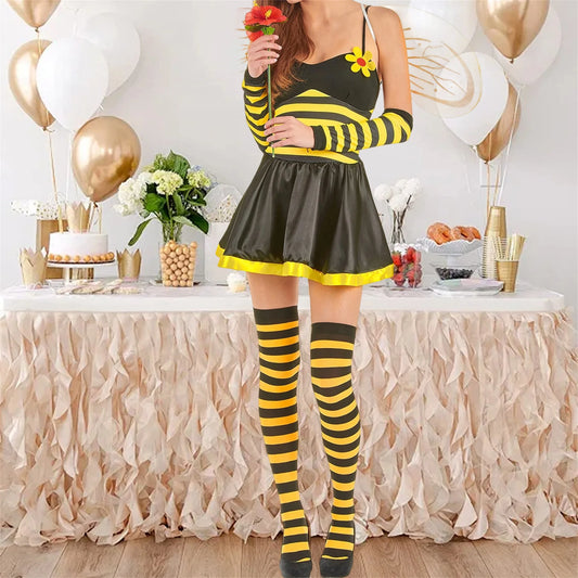 Women Halloween Bumble Bee Cosplay Costume Halter Dress Antenna Headband Wing Arm Sleeves Stockings Set for Costume Party Theme