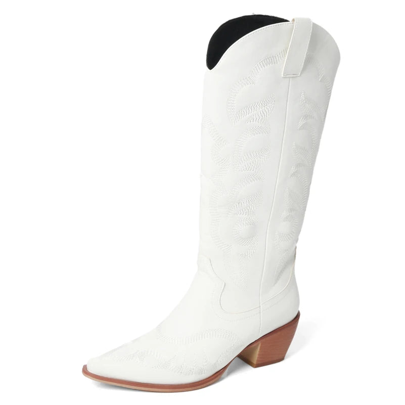 Meotina Women Knee High Cowboy Boots Pointed Toe Thick High Heels Embroidery Western Cowgirl Long Boots Ladies Fashion Shoes 43