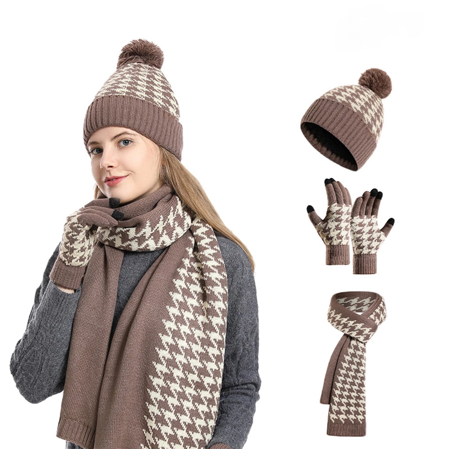 Women Winter Cable Knit Beanie Hat with Matching Scarf and Gloves Set Cozy Ribbed Thick Warm Knitted Houndstooth Winter