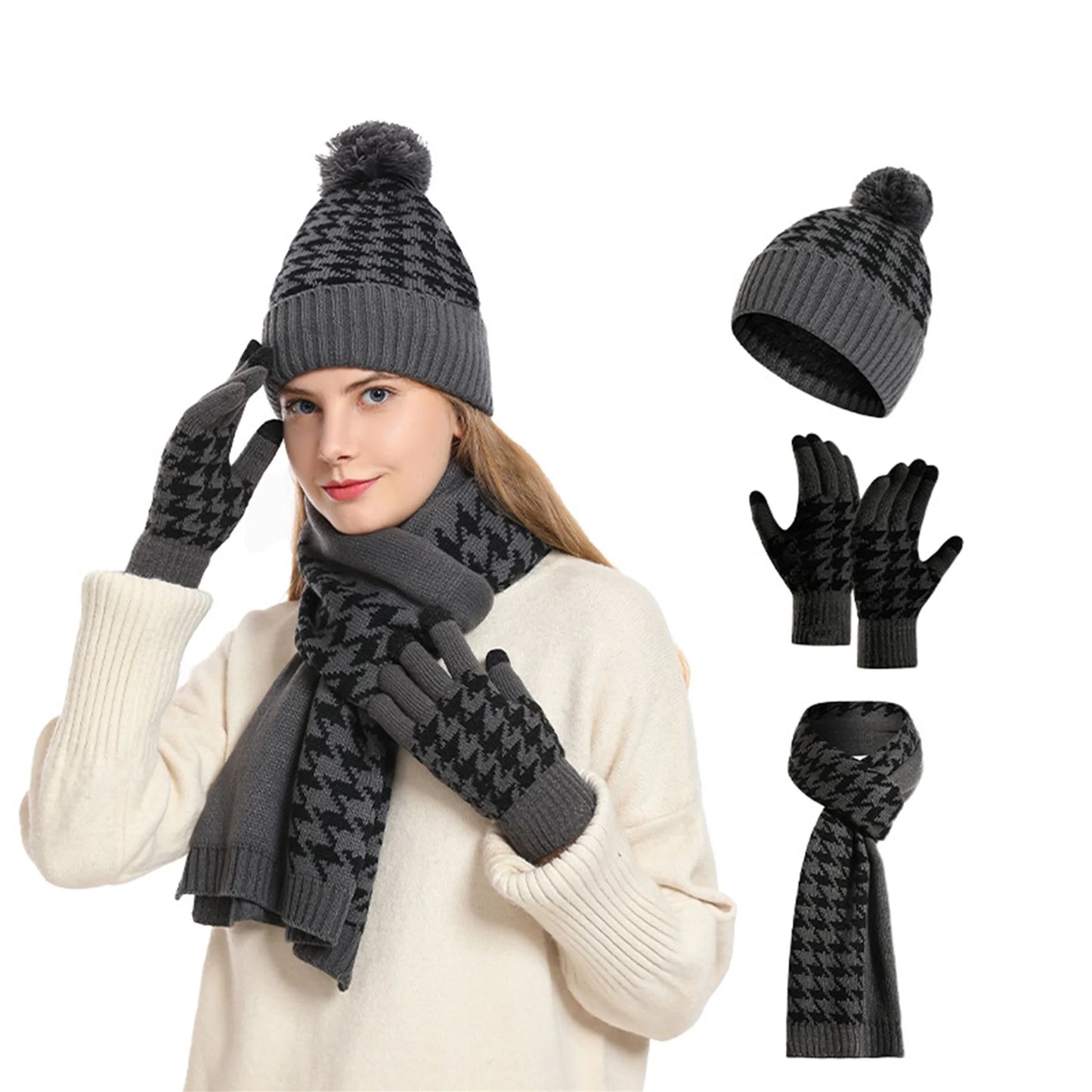 Women Winter Cable Knit Beanie Hat with Matching Scarf and Gloves Set Cozy Ribbed Thick Warm Knitted Houndstooth Winter