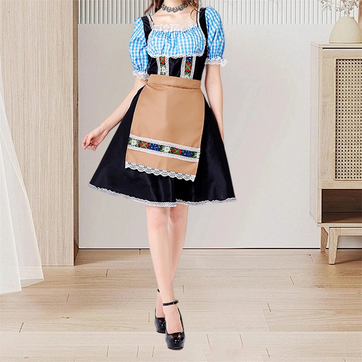 Bavarian Oktoberfest Dirndl Dress with Apron Set for Women Halloween Costume Party Outfit for Christmas Cosplay