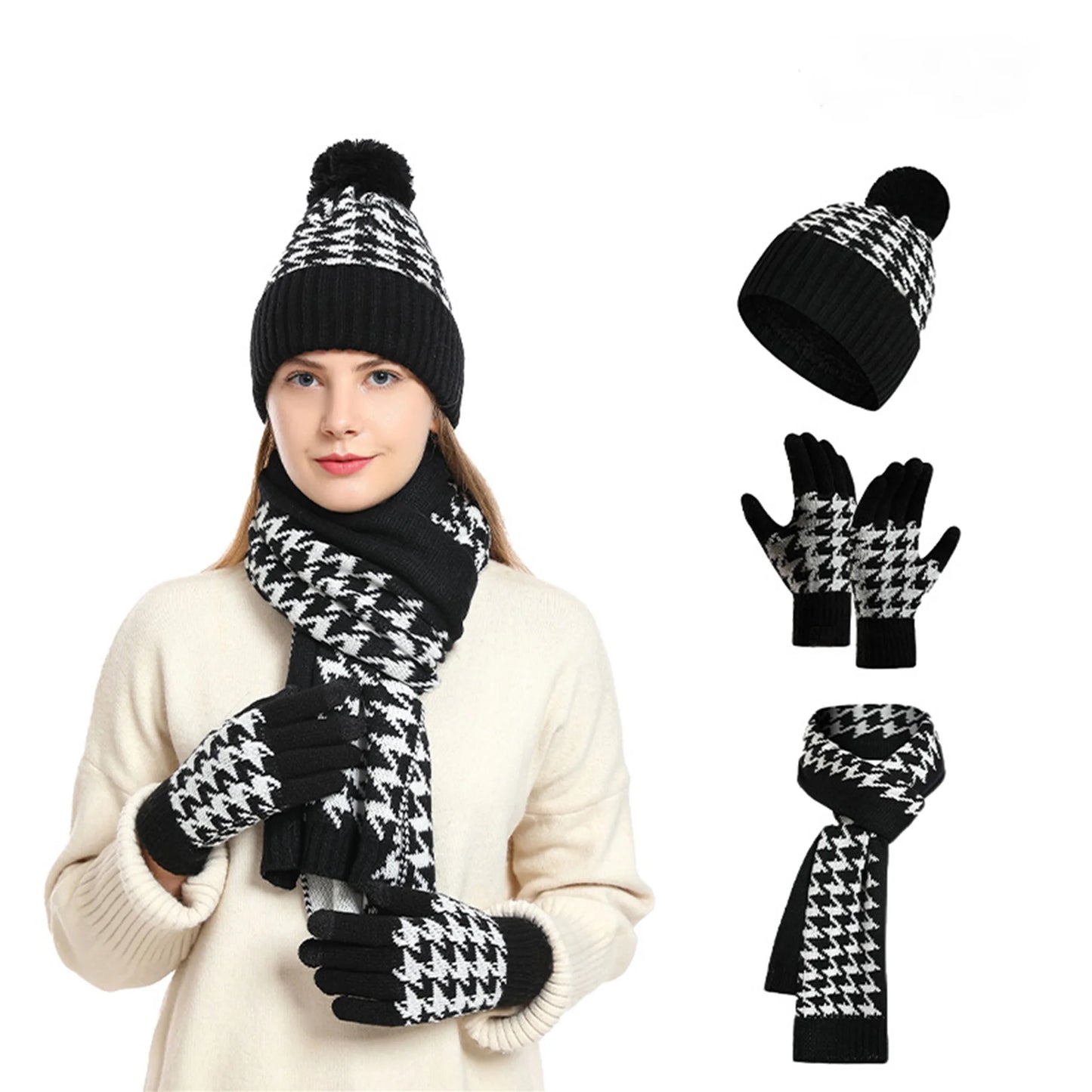 Women Winter Cable Knit Beanie Hat with Matching Scarf and Gloves Set Cozy Ribbed Thick Warm Knitted Houndstooth Winter