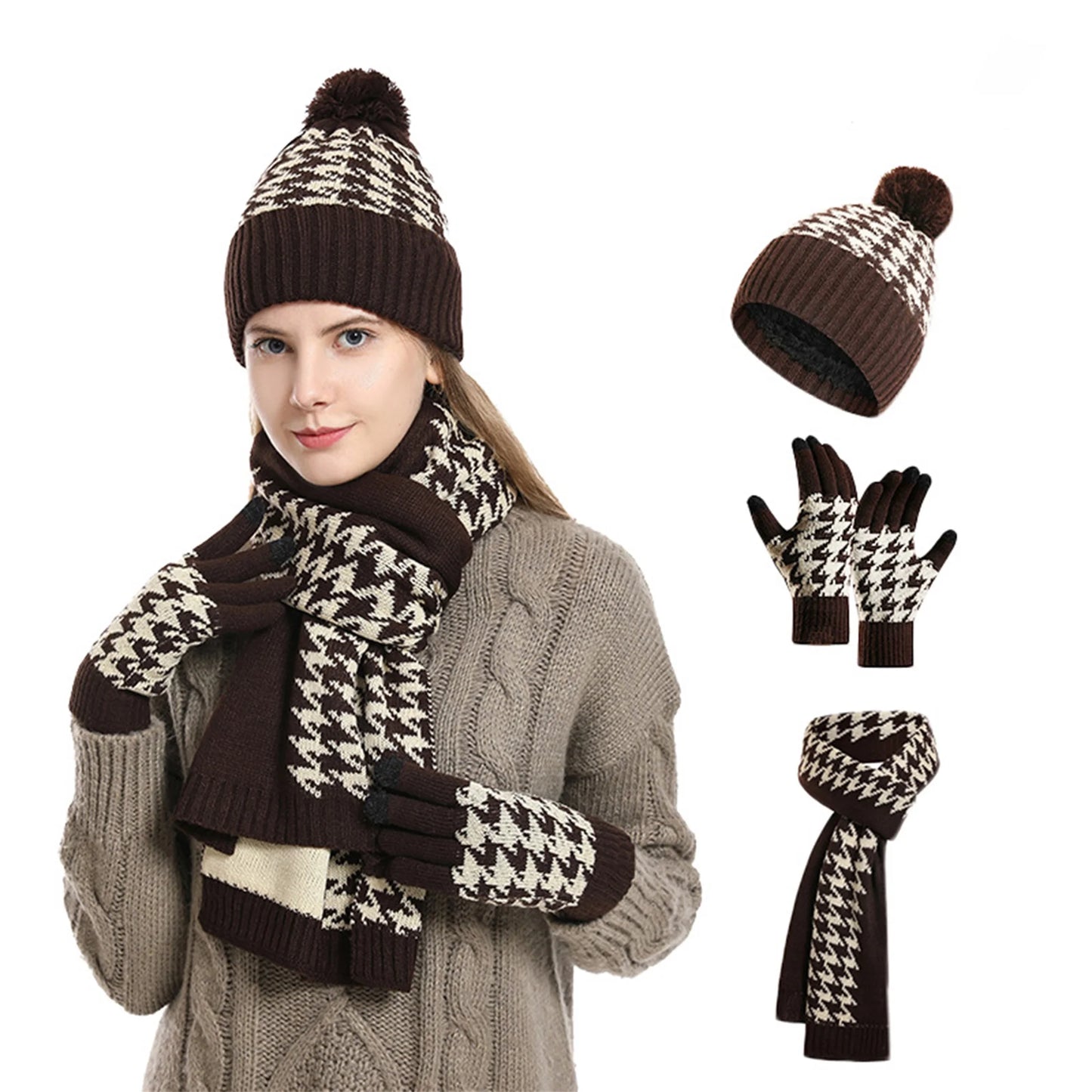 Women Winter Cable Knit Beanie Hat with Matching Scarf and Gloves Set Cozy Ribbed Thick Warm Knitted Houndstooth Winter