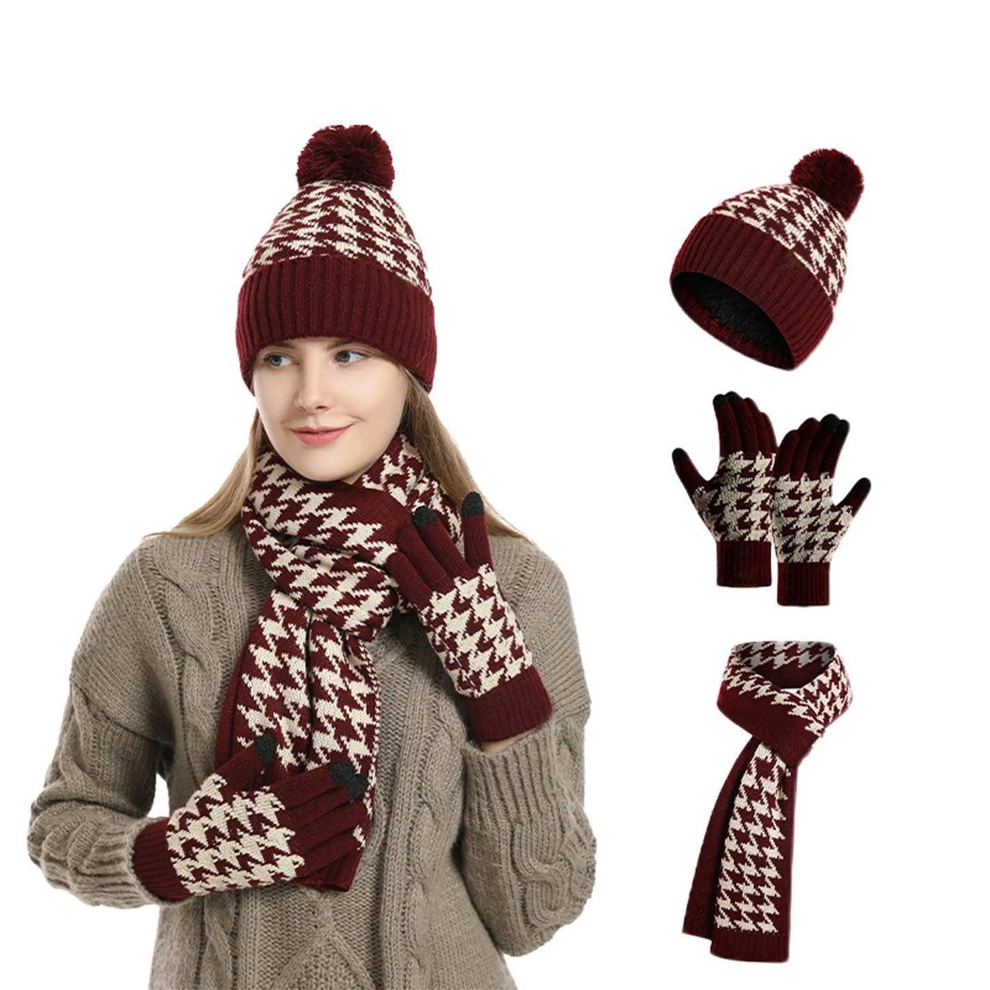 Women Winter Cable Knit Beanie Hat with Matching Scarf and Gloves Set Cozy Ribbed Thick Warm Knitted Houndstooth Winter