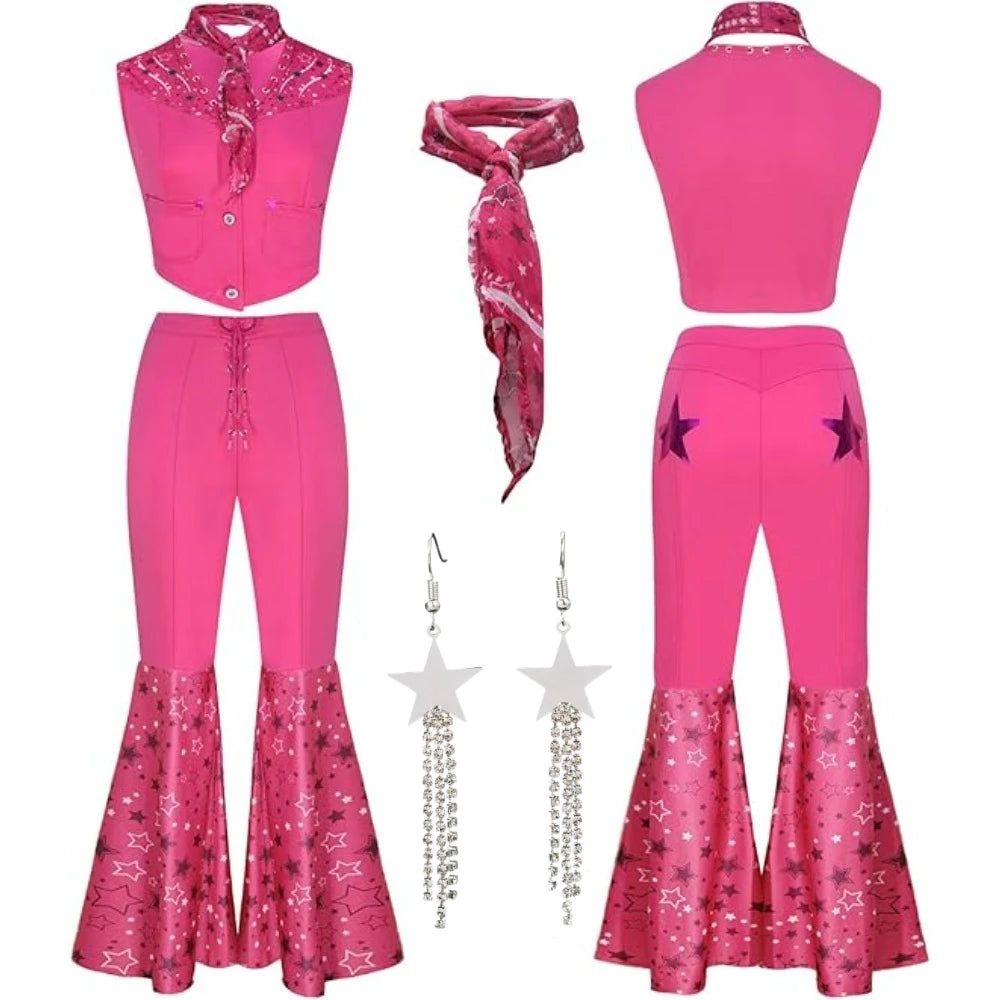 Movie Barbie Cosplay Rose Red Bell Bottoms Cosplay Barbie Adult Suit Clothing Party with earrings and Scarf Halloween Costumes