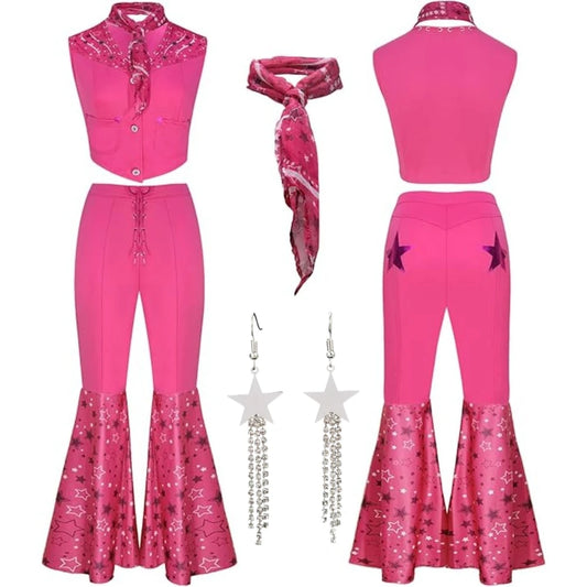 Movie Barbie Cosplay Rose Red Bell Bottoms Cosplay Barbie Adult Suit Clothing Party with earrings and Scarf Halloween Costumes
