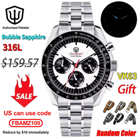 Watchdives WD1863 Chronograph Watch VK63 Sweep Second Mechanical Quartz Movement Bubble Sapphire 100M Waterproof Vintage Watches