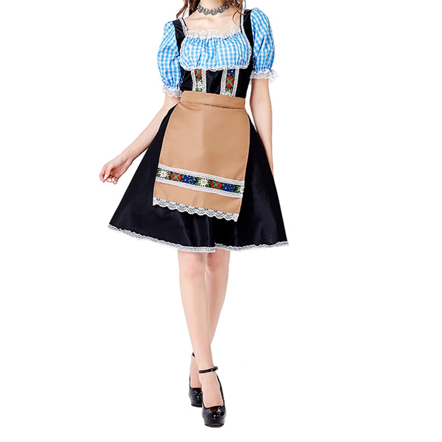 Bavarian Oktoberfest Dirndl Dress with Apron Set for Women Halloween Costume Party Outfit for Christmas Cosplay