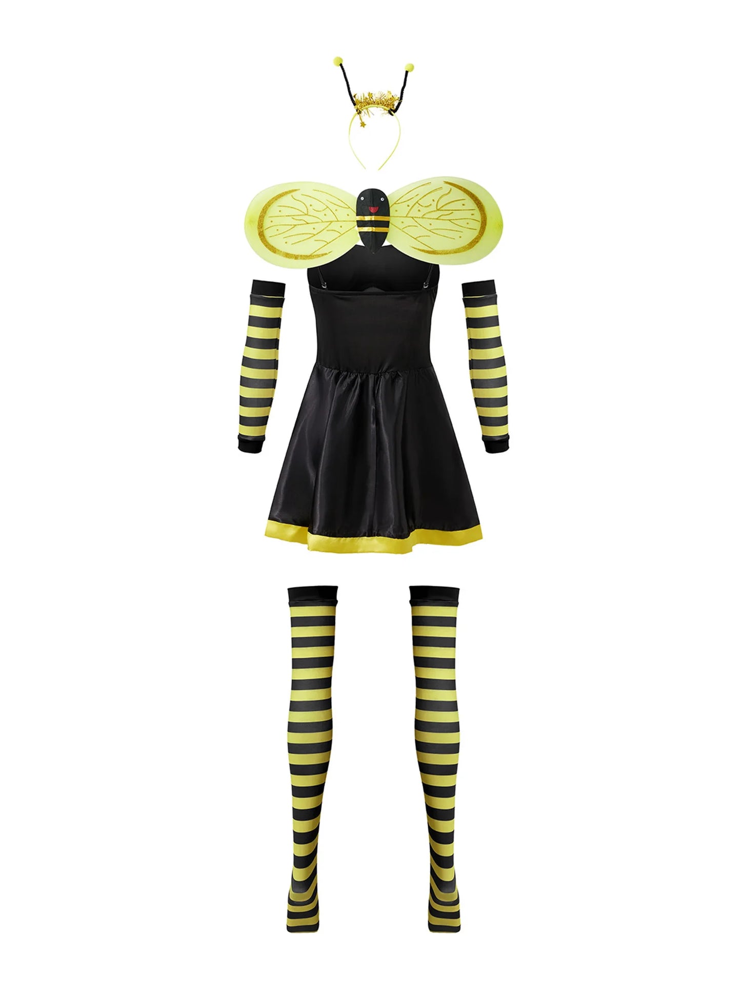 Women Halloween Bumble Bee Cosplay Costume Halter Dress Antenna Headband Wing Arm Sleeves Stockings Set for Costume Party Theme