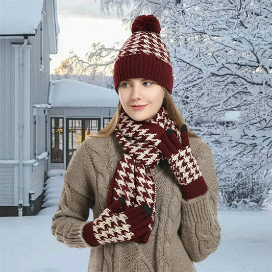 Women Winter Cable Knit Beanie Hat with Matching Scarf and Gloves Set Cozy Ribbed Thick Warm Knitted Houndstooth Winter
