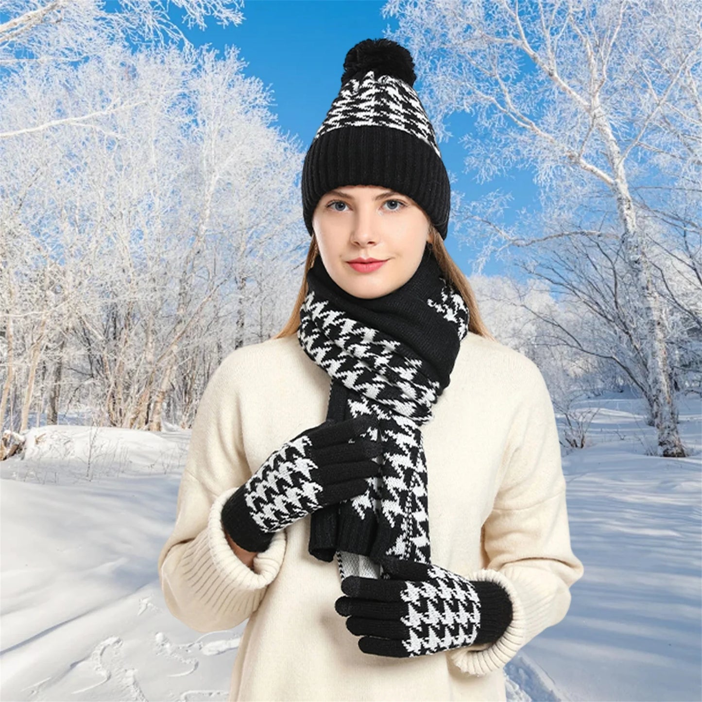 Women Winter Cable Knit Beanie Hat with Matching Scarf and Gloves Set Cozy Ribbed Thick Warm Knitted Houndstooth Winter