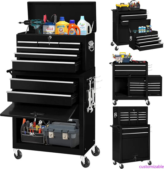 8-Drawers Tool Chest, Assembled Rolling Chest with Wheels, Detachable Top Box, Cabinet for Repair Room