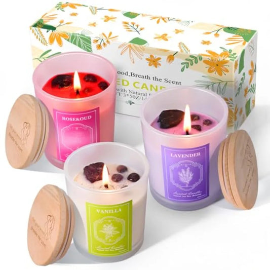 3 Soy Scented Candles for Women 15OZ Candles for Home with Crystal Infused Lavender Vanilla and Rose Aromatherapy Scents
