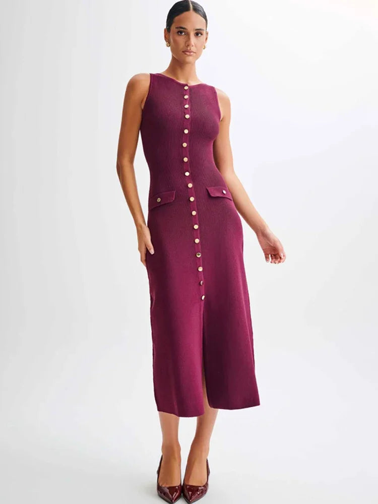 Tossy Knit Ribbed Cardigan Maxi Dress Female High Waist Slim Pocket Sleeveless Elegant Party Dress Women's Knitwear Long Dress