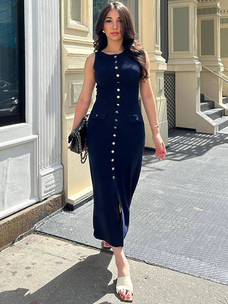Tossy Knit Ribbed Cardigan Maxi Dress Female High Waist Slim Pocket Sleeveless Elegant Party Dress Women's Knitwear Long Dress