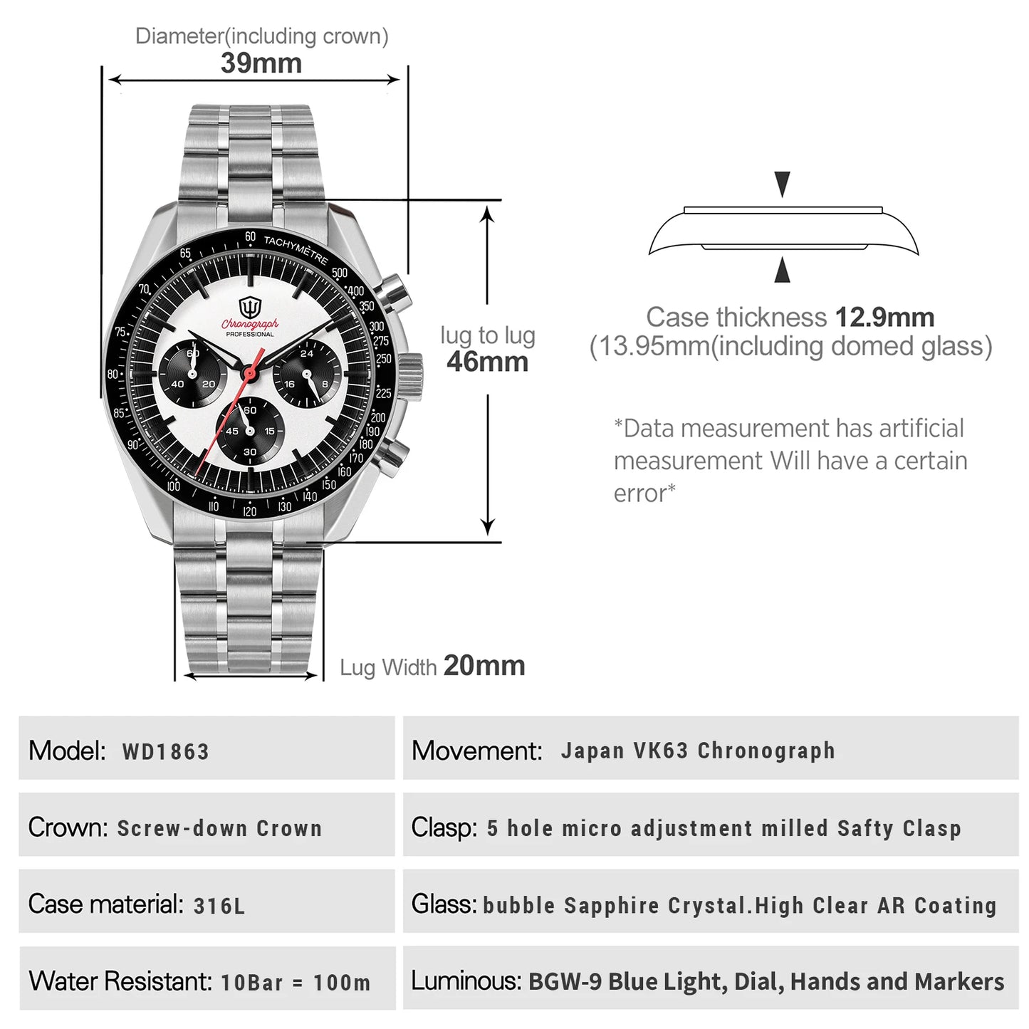 Watchdives WD1863 Chronograph Watch VK63 Sweep Second Mechanical Quartz Movement Bubble Sapphire 100M Waterproof Vintage Watches