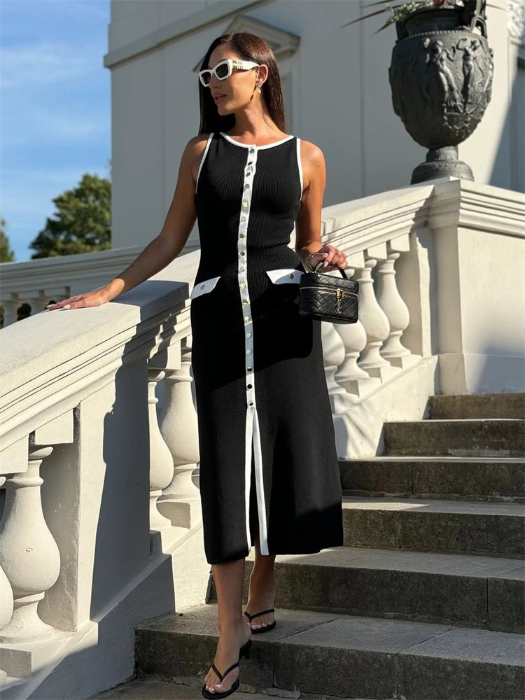 Tossy Knit Ribbed Cardigan Maxi Dress Female High Waist Slim Pocket Sleeveless Elegant Party Dress Women's Knitwear Long Dress