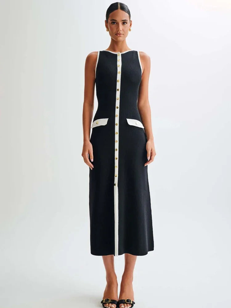 Tossy Knit Ribbed Cardigan Maxi Dress Female High Waist Slim Pocket Sleeveless Elegant Party Dress Women's Knitwear Long Dress