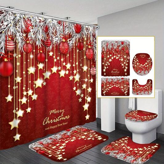 Christmas star pattern printed shower curtain set 4 pieces, dry and wet separation bathroom four-piece set, shower curtain with