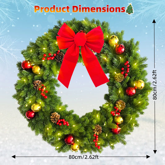 2.62FT Artificial Christmas Wreath Garland, LED Lights, Bow, 3 AA, Door, Fireplace, Stair, Party, Wall, Home Decor, Xmas Decor